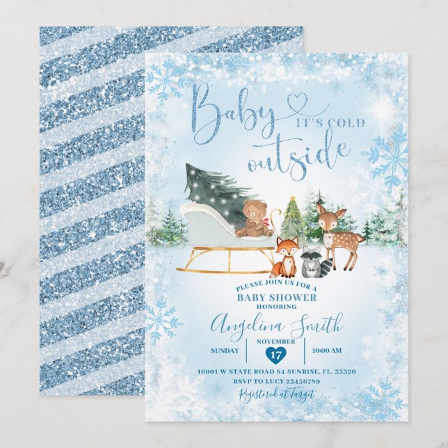 Winter Dreamy Blue Snowflake Sleigh Baby Dusche Einladung (Vorne/Hinten)