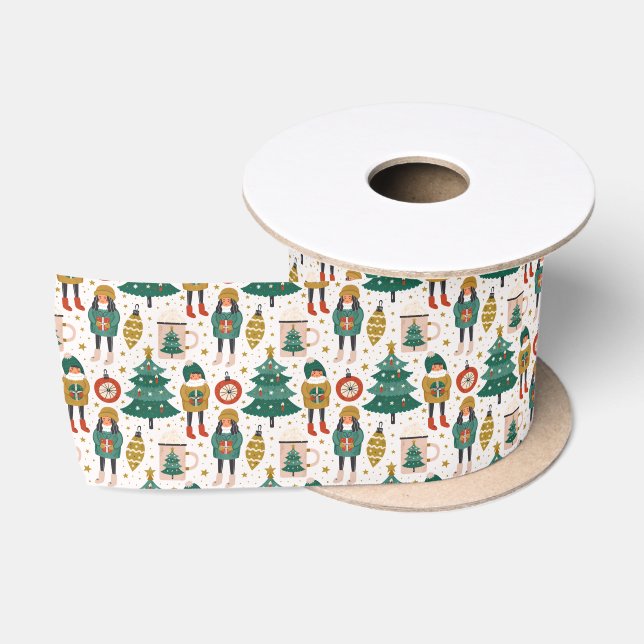 Winter Dressed Kids Red Green Gold Satinband (Spule)