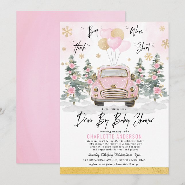 Winter Drive by Baby Dusche Pink Gold Blumenwagen Einladung (Vorne/Hinten)