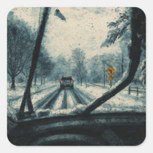 Winter Drive Through Snow - Windschutzscheibe Quadratischer Aufkleber