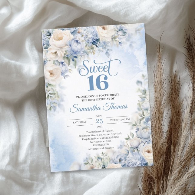 Winter Dusty Blue und Elfenbein Blume Sweet 16 Einladung (Winter Dusty Blue and Ivory Flowers Sweet 16 Invitation)