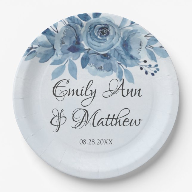Winter Dusty Blue Watercolor Peony Wedding Pappteller (Vorderseite)