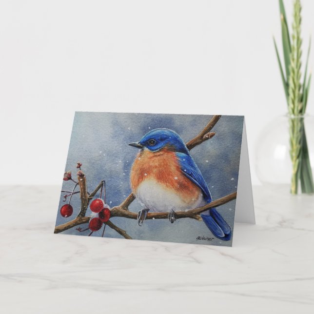 Winter Eastern Bluebird & Berries Wasserfarben Kun Karte (Vorderseite)