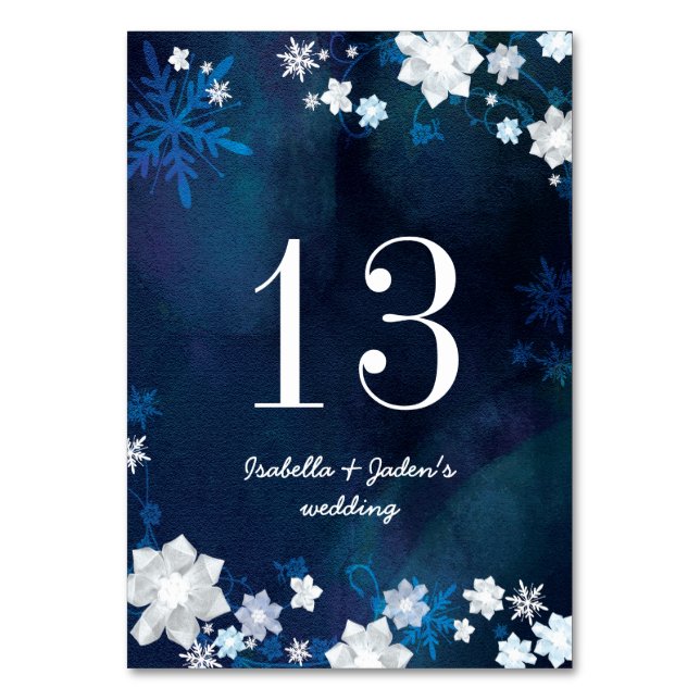 Winter Eden Navy Blue Wedding Tischnummern (Vorderseite)
