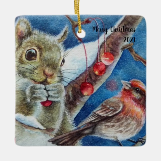 Winter Eichhörnchen Finca Bird Berries Keramikornament (Vorderseite)
