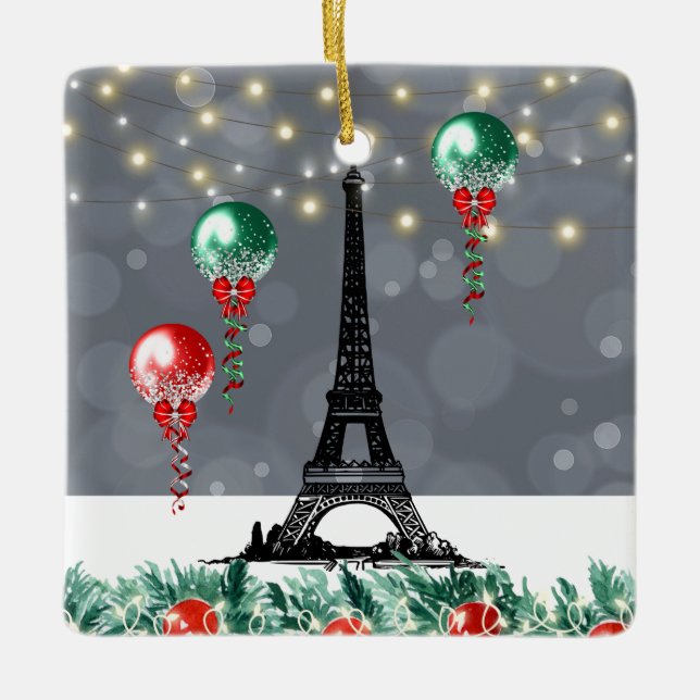 Winter Eiffelturm, Weihnachtsballons Nachtzeit Keramikornament (Vorderseite)