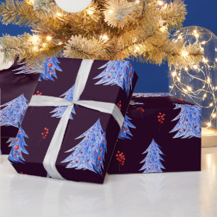 Winter Eisblaue Bäume Stechpalmen Beeren Pflaume W Geschenkpapier