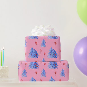 Winter-Eisblaue-Bäume-Stechpalmen-Beeren-Rosa-Weih Geschenkpapier