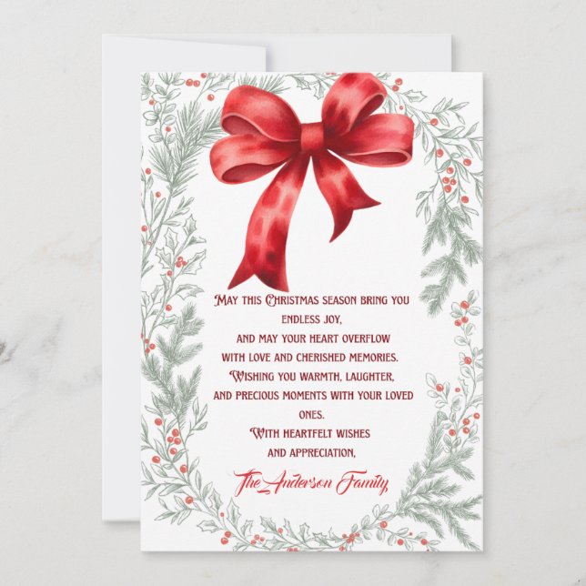 Winter Elegante Watercolor Red Bow Weihnachten (Vorderseite)