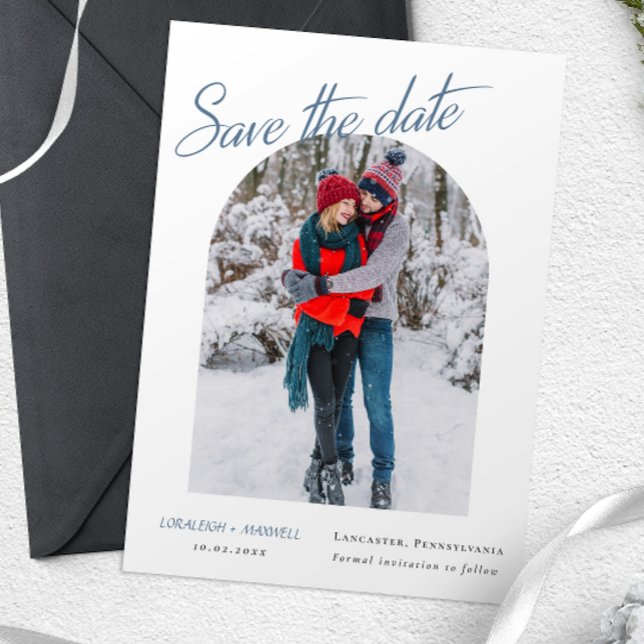 Winter Elegantes Foto Dusty Blue Calligraphy Save The Date (Von Creator hochgeladen)