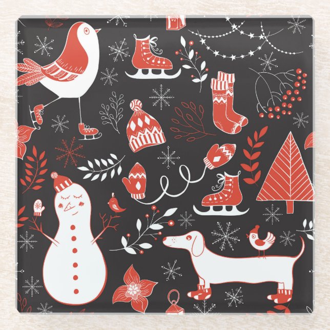 Winter-Elemente: Cute Hand Drawn. Glasuntersetzer (Vorderseite)