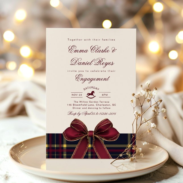 Winter Engagement party Christmas Plaid Red Bow Einladung (Von Creator hochgeladen)