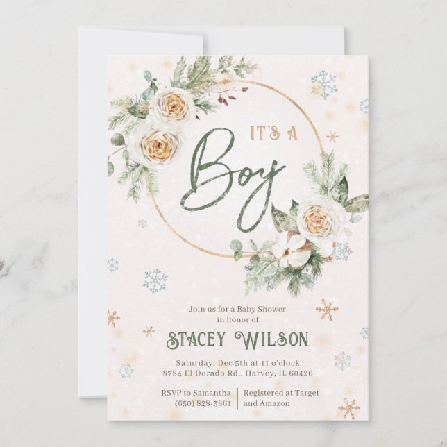 Winter Es ist ein Baby-Dusche Sprinkle Green Gold Einladung (Vorderseite)
