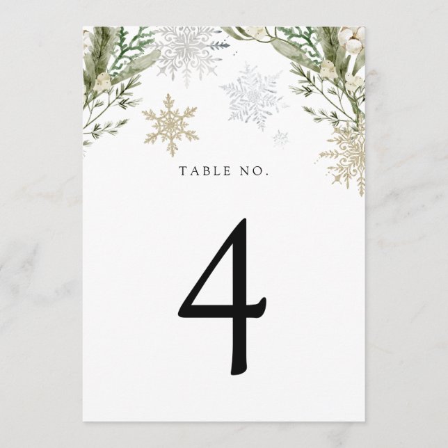 Winter Evergreen Snowflake Tischnummer (Vorderseite)