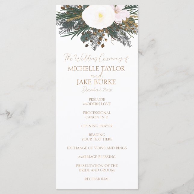 Winter Evergreen Wedding Zeremonie Programm (Vorderseite)