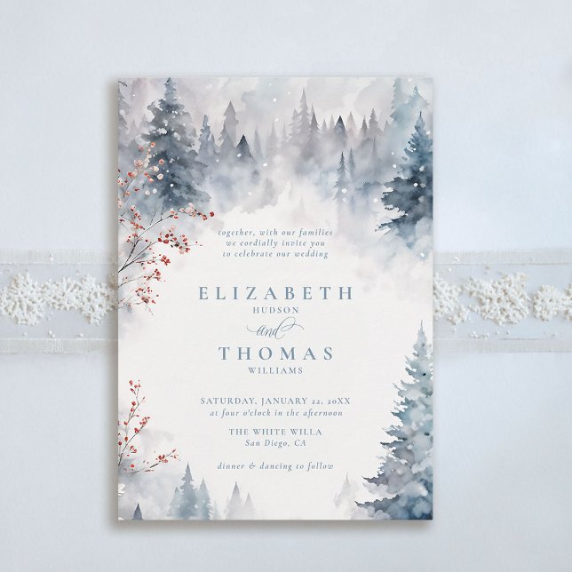 Winter Fallende Schneeberge Bäume Elegante Hochzei Einladung (winter wedding invitation mountains smoky forest woodland elegant trees falling snow berries)