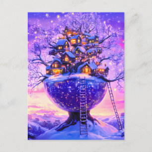 Winter-Fantasie Schneebaum Dorf Landschaft Ankündigungspostkarte