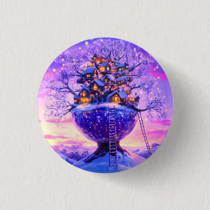 Winter-Fantasie Schneebaum Dorf Landschaft Button
