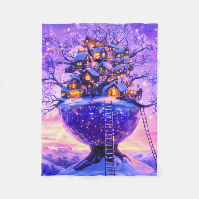Winter-Fantasie Schneedorflandschaft Fleecedecke (Vorderseite)
