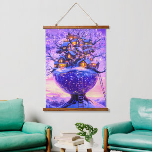 Winter-Fantasie Schneedorflandschaft Wandteppich Mit Holzrahmen