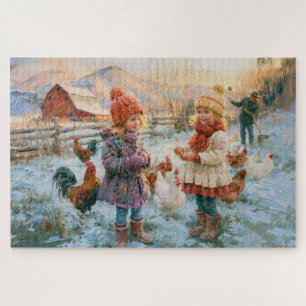 Winter Farm Hühner Kinder Rote Scheune Malerei