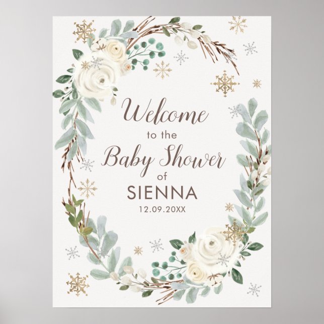 Winter Floral Baby Dusche Begrüßungszeichen Poster (Vorne)
