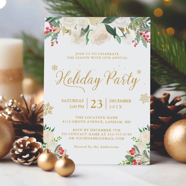 Winter Floral Berries Gold Glitzer Holiday Party Einladung (Sample 1)