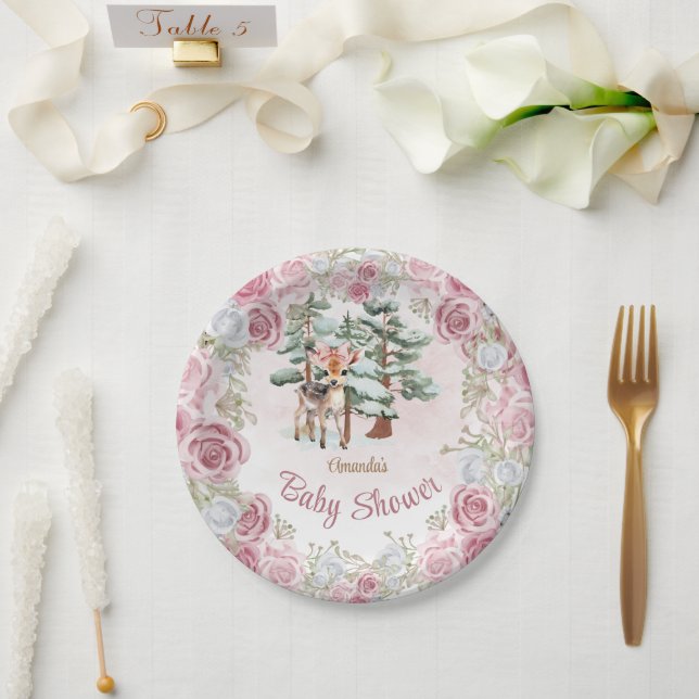 Winter Floral Deer Girl Baby Dusche Pappteller (Hochzeit)
