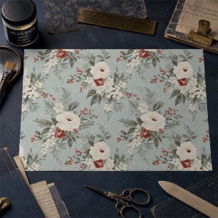 Winter Floral Elegance, weiß & rot auf Grau Seidenpapier