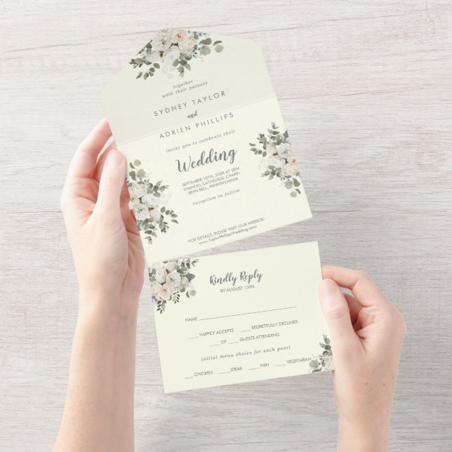 Winter floral | Elfenbeinhochzeit All In One Einladung (Abreißen)