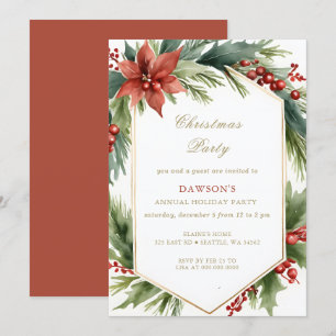 Winter Floral Green Gold Weihnachts-Party Einladung