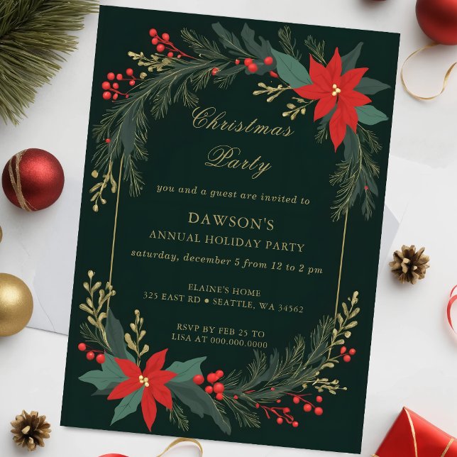 Winter Floral Green Gold Weihnachts-Party Einladung (Winter Floral Green Gold Christmas Party Invitation)