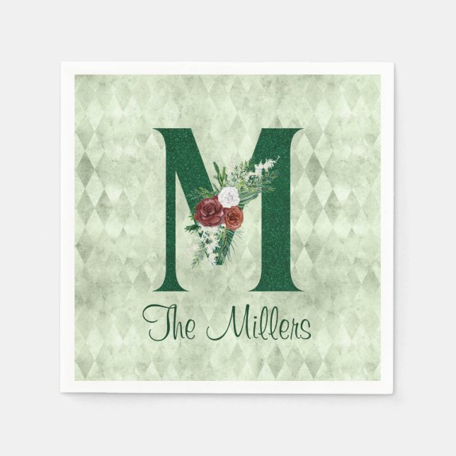Winter Floral Illustrierter Buchstabe M Personalis Serviette (Vorderseite)