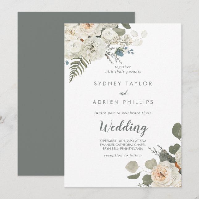 Winter Floral informelle Hochzeitseinladung Einladung (Vorne/Hinten)