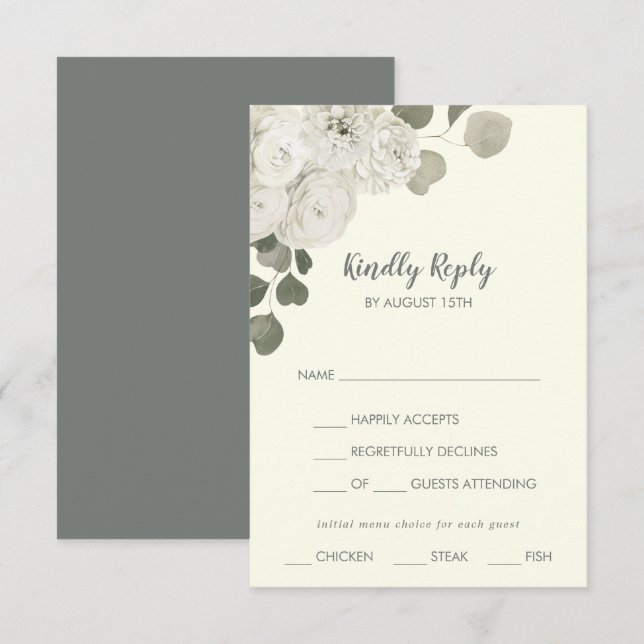 Winter Floral|Ivory Menu Choice Wedice RSVP Card (Devant / Derrière)