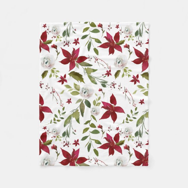 Winter Floral Poinsettia Wasserfarbe Fleecedecke (Vorderseite)
