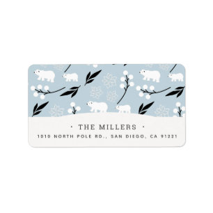 Winter Floral & Polar Bear Muster Blue Address Adressaufkleber