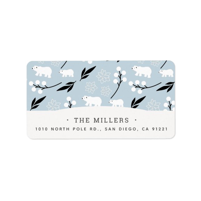 Winter Floral & Polar Bear Muster Blue Address Adressaufkleber (Vorne)