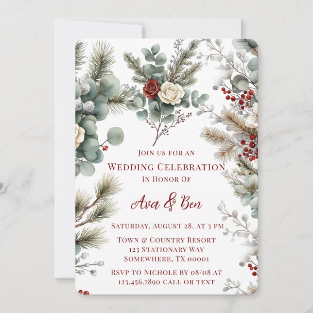 Winter Floral Red Rose Hochzeit Einladung (Vorderseite)