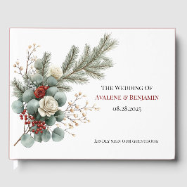 Winter Floral Red White Christmas Rose Hochzeit Gästebuch