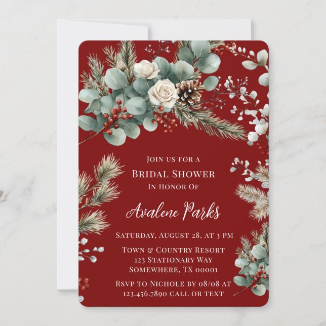 Winter Floral Red White Rose Brautparty Einladung (Vorderseite)