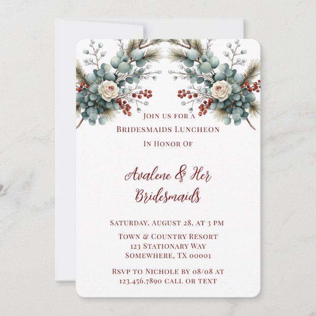 Winter Floral Red White Rose Bridesmaids Luncheon Einladung (Vorderseite)