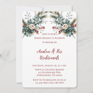 Winter Floral Red White Rose Bridesmaids Luncheon Einladung