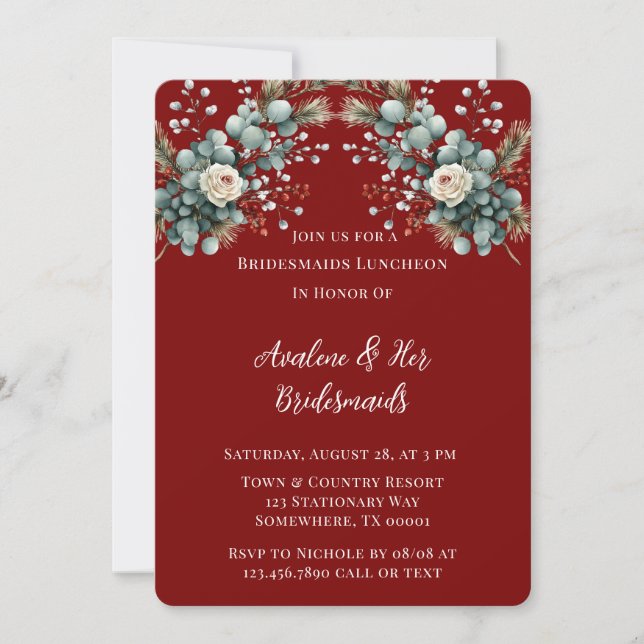 Winter Floral Red White Rose Bridesmaids Luncheon Einladung (Vorderseite)