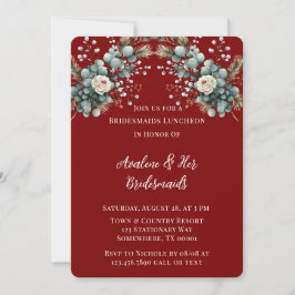 Winter Floral Red White Rose Bridesmaids Luncheon Einladung