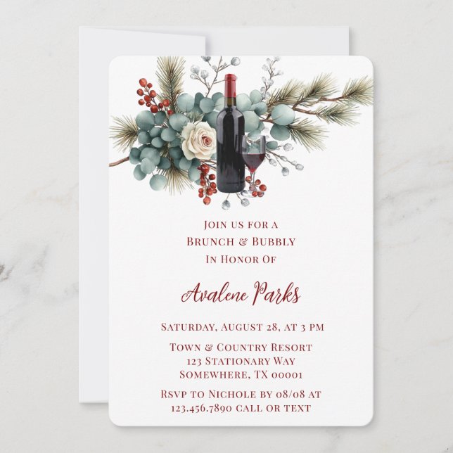 Winter Floral Red White Rose Brunch & Bubbly Einladung (Vorderseite)