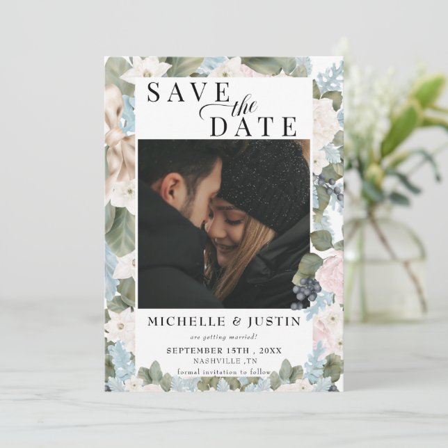 Winter floral | Rustikale Foto-Hochzeit Save The Date (Stehend Vorderseite)