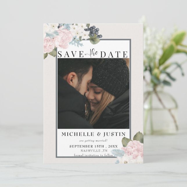 Winter floral | Rustikale Foto-Hochzeit Save The Date (Stehend Vorderseite)