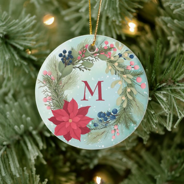 Winter floral rustikale Kranz Poinsettia Monogramm Keramik Ornament (Baum)