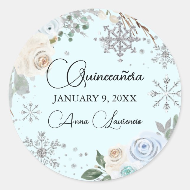 Winter Floral Silver und Light Blue Quinceanera Runder Aufkleber (Vorderseite)